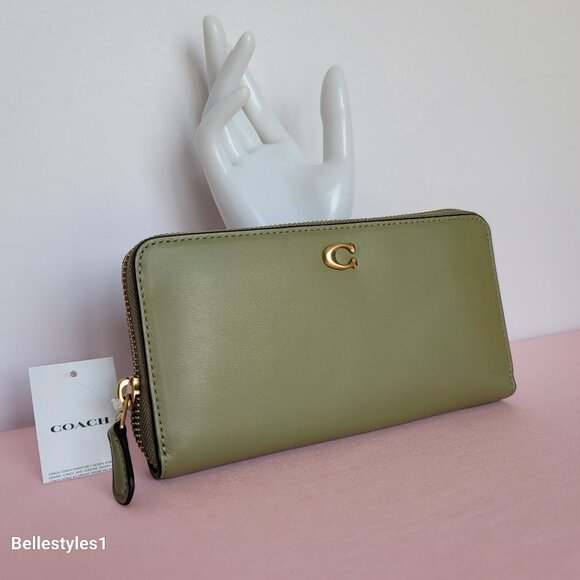 COACH Smooth Leather Zip-Around Accordion Wallet with Back-Slip Pocket- Moss - Picture 2 of 16